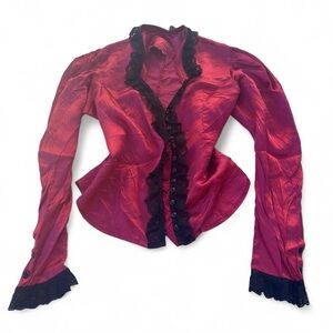 Red Satin Blouse with Black Lace Trim